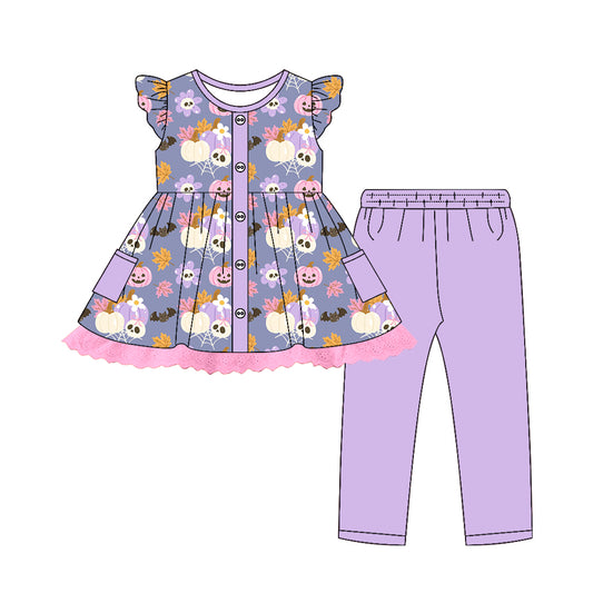 Preorder (moq 5)Baby Girls Flutter Sleeves Ghost Pumpkins Flowers Button Tunic Leggings Pants Set