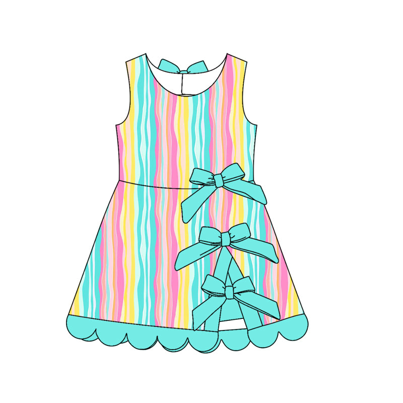 Preorder (moq 5)Baby Girls Sleeveless Colorful Stripes Short Scallop Knee Length Dresses