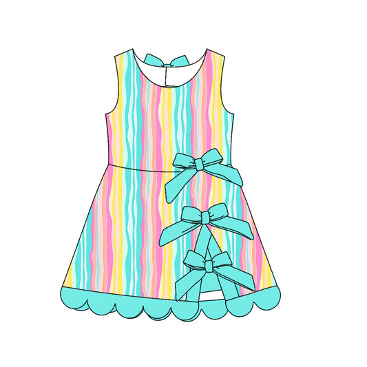 Preorder (moq 5)Baby Girls Sleeveless Colorful Stripes Short Scallop Knee Length Dresses