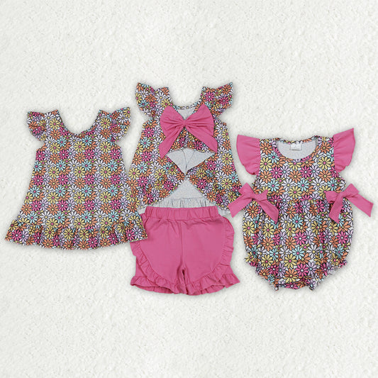Sibling Baby Girls Daisy Flowers Flutter Sleeve Back Bow Tunic Ruffle Short Clothes Set Rompers