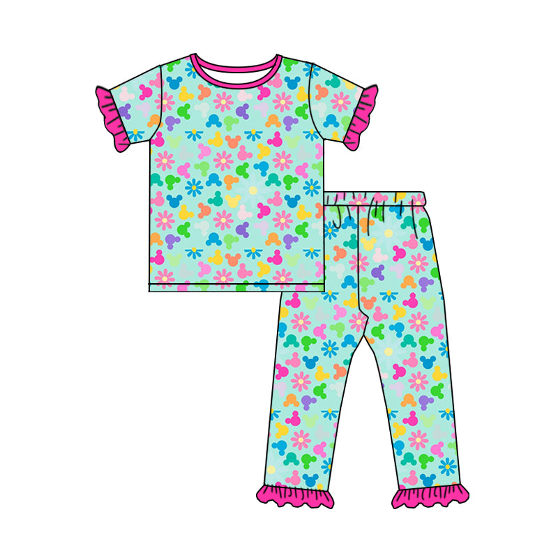 Baby Girls Green Cartoon Flowers Top Pants Pajamas Clothes Sets Preorder(moq 5)