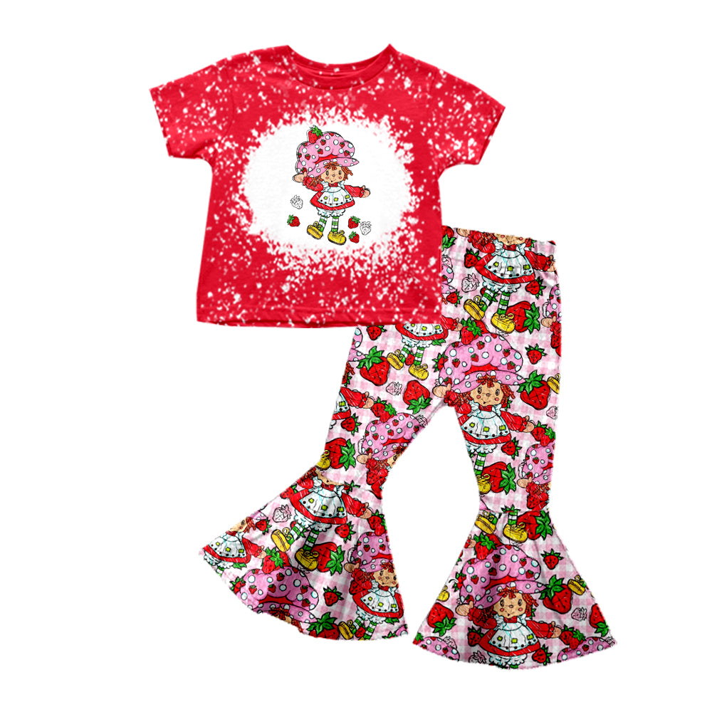 Baby Girls Cartoon Strawberry Short Sleeve Shirt Bell Pants Clothing Sets Preorder(moq 5)