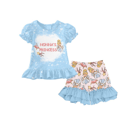 Baby Girls Nonna's Princess Tee Blue Ruffle Shorts Clothing Sets Preorder(moq 5)