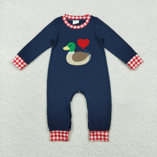 Embroidery Heart Ducks Baby Boys Valentines Footie Rompers