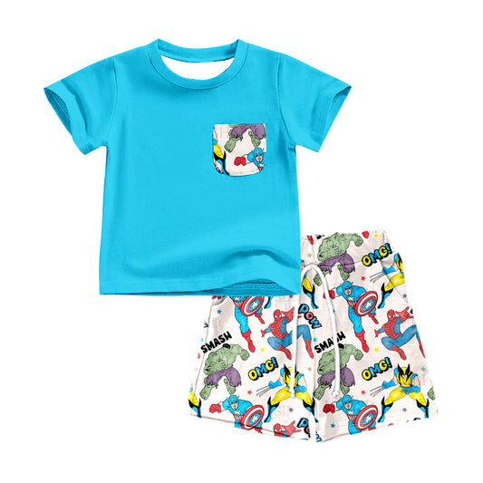 Baby Boys Blue Cartoon Top Shorts Outfits Clothes Sets preorder(moq 5)