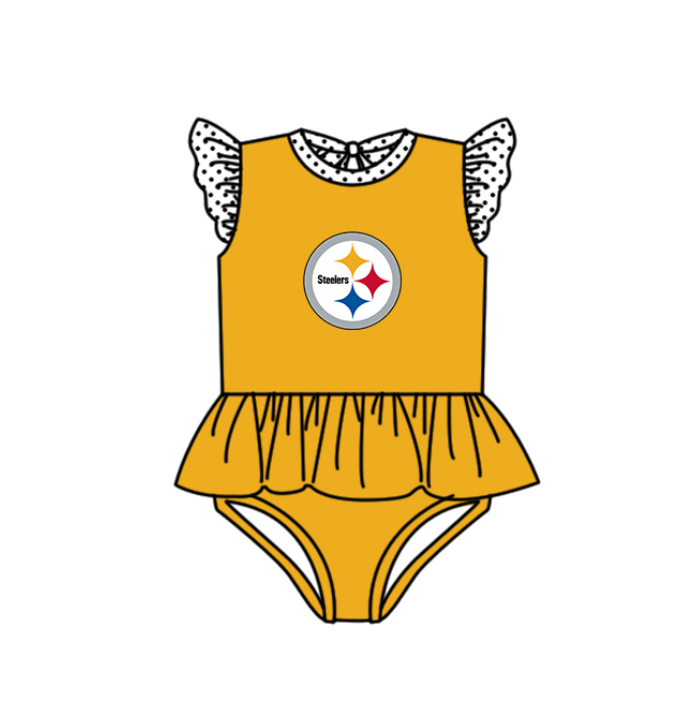 Preorder moq 5 Baby Girls Yellow Flutter Sleeve Steelers Team Swimsuits