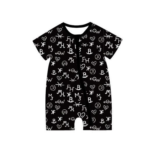Preorder moq 5 Baby Boys Black Short Sleeves Letter Zipper Rompers