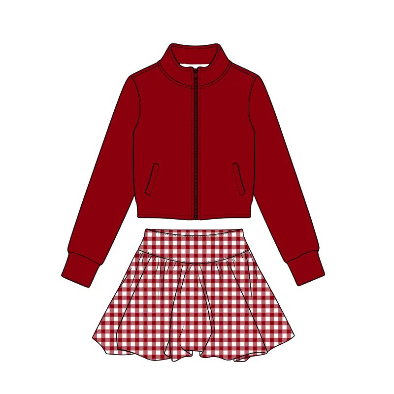 Preorder (moq 5) Baby Girl Clothes Solid Red Plain Print Long Sleeve Zip Jacket Gingham Skirt Yoga Outfit Set