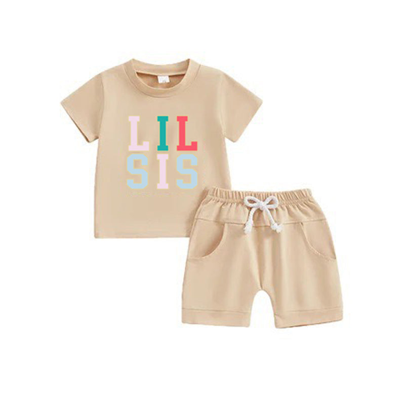 Baby Girls Lil Sis Khaki Shirt Shorts Summer Clothing Sets Preorder(moq 5)