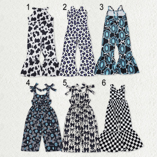 Sibling Baby Girls Strap Turquoise Cow Print Bows Bell Bottom Jumpsuits