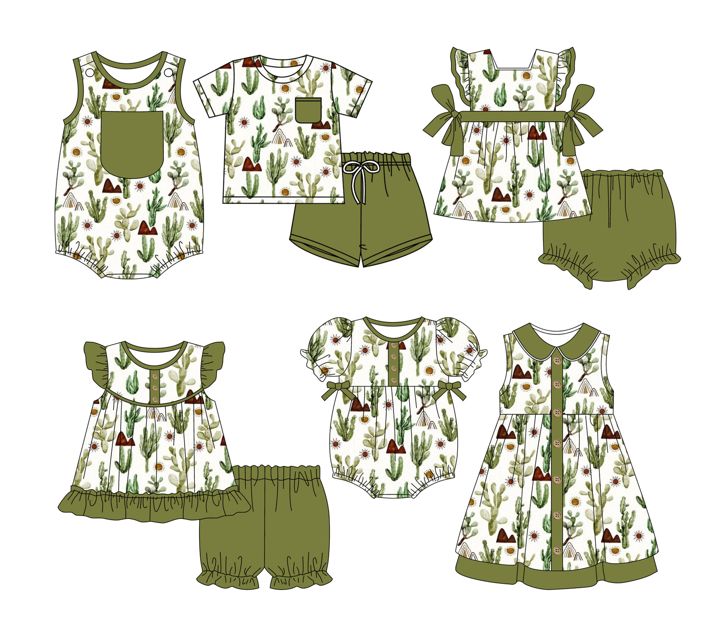 Preorder moq 5 Custom Baby Kids Green Pocket Button Cactus Floral Top Short Bummies Sets Dresses And Rompers