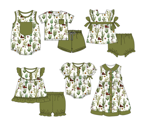 Preorder moq 5 Custom Baby Kids Green Pocket Button Cactus Floral Top Short Bummies Sets Dresses And Rompers