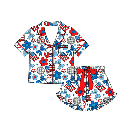 Preorder (moq 5)Baby Girls Red Blue Flowers USA Button Pocket Top Ruffle Shorts 4th of July Pajamas Set
