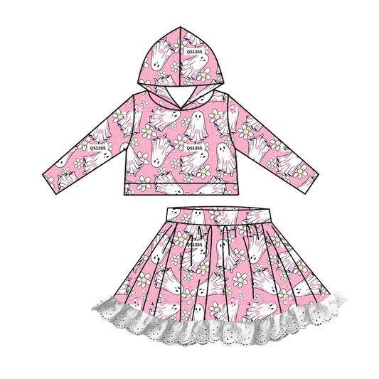 Baby Girls Halloween Pink Ghost Hooded Top Lace Skirts Clothes Sets Preorder(moq 5)