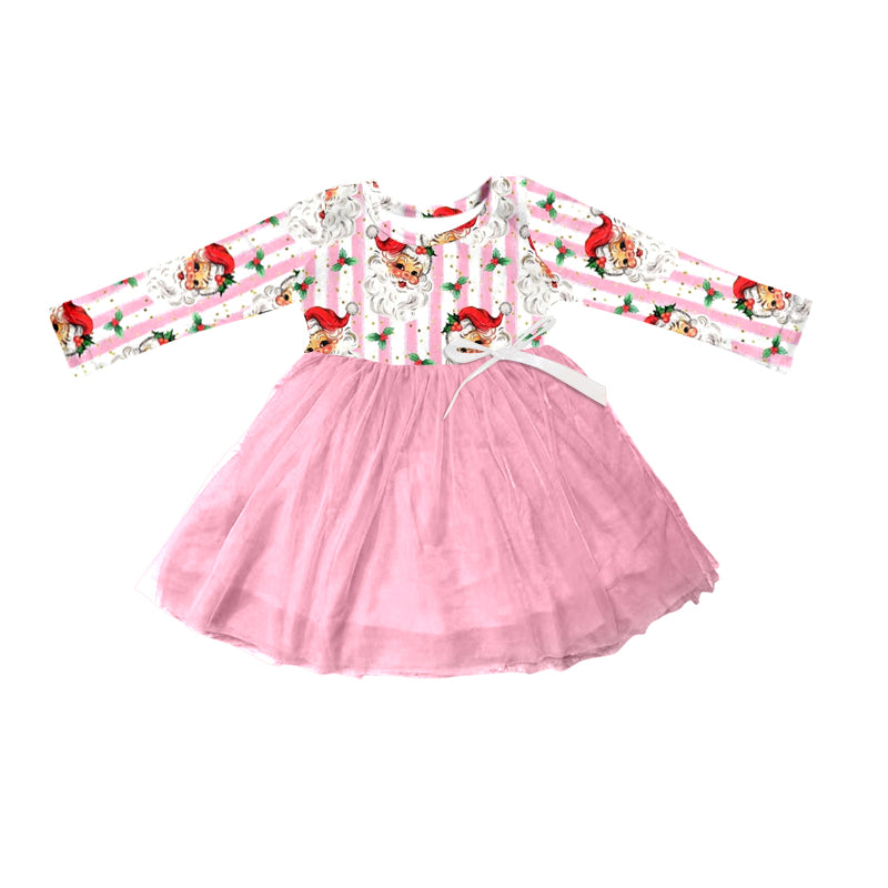 Baby Girls Pink Santa Stripes Christmas Long Sleeve Tutu Dresses Preorder(moq 5)