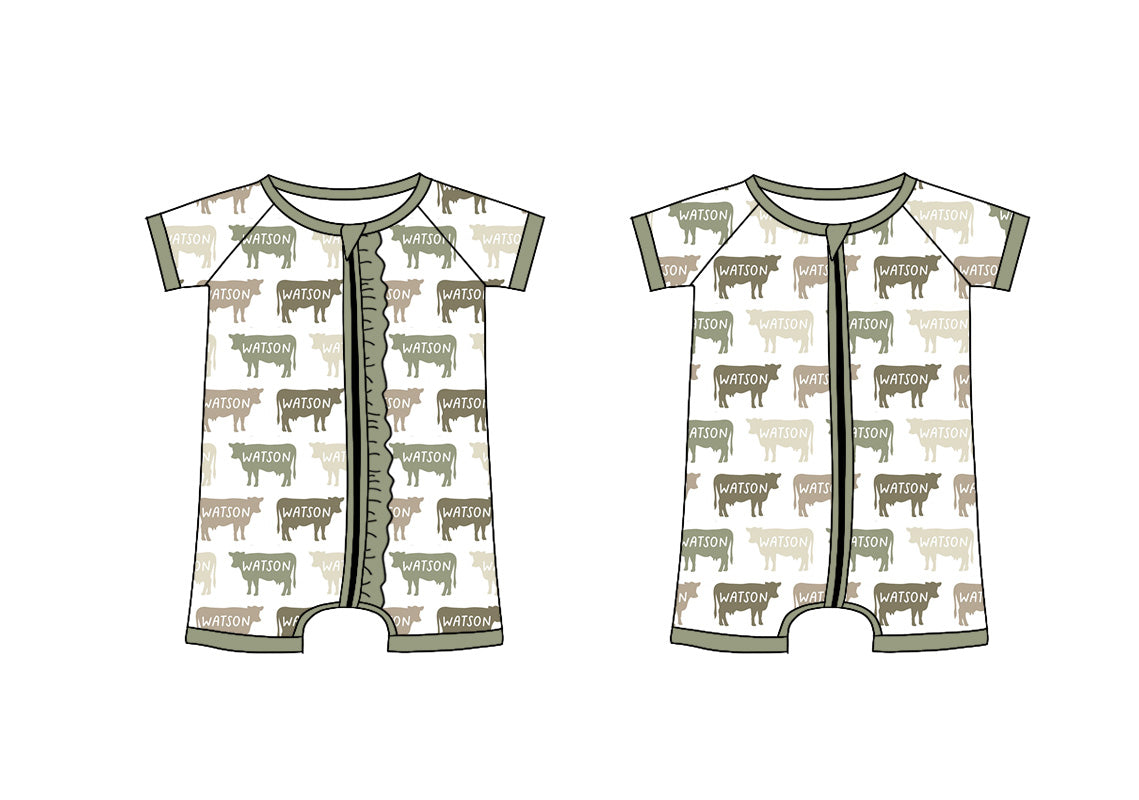 Preorder moq 5 Custom Baby Kids Aqua Short Sleeves Cows WATSON Farm Zipper Rompers