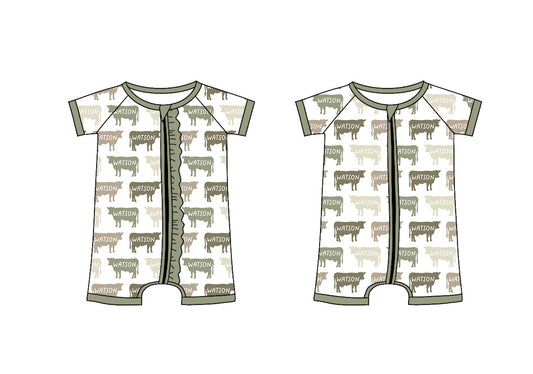 Preorder moq 5 Custom Baby Kids Aqua Short Sleeves Cows WATSON Farm Zipper Rompers