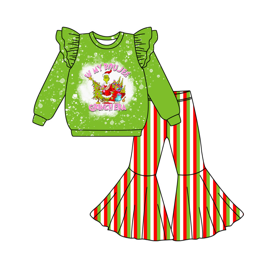 Baby Girls Christmas Green Face Tree Top Stripes Bell Pants Clothes Sets Preorder(moq 5)