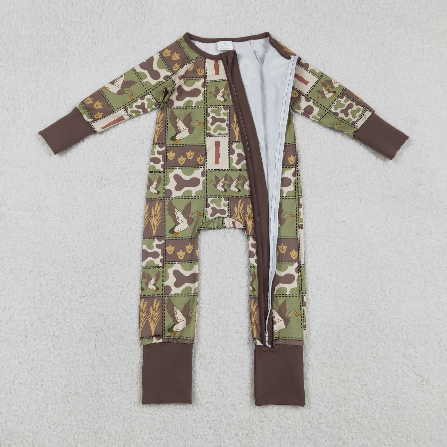 Baby Boys Camo Ducks Checked Hunting Two Way Zip Convertible Rompers