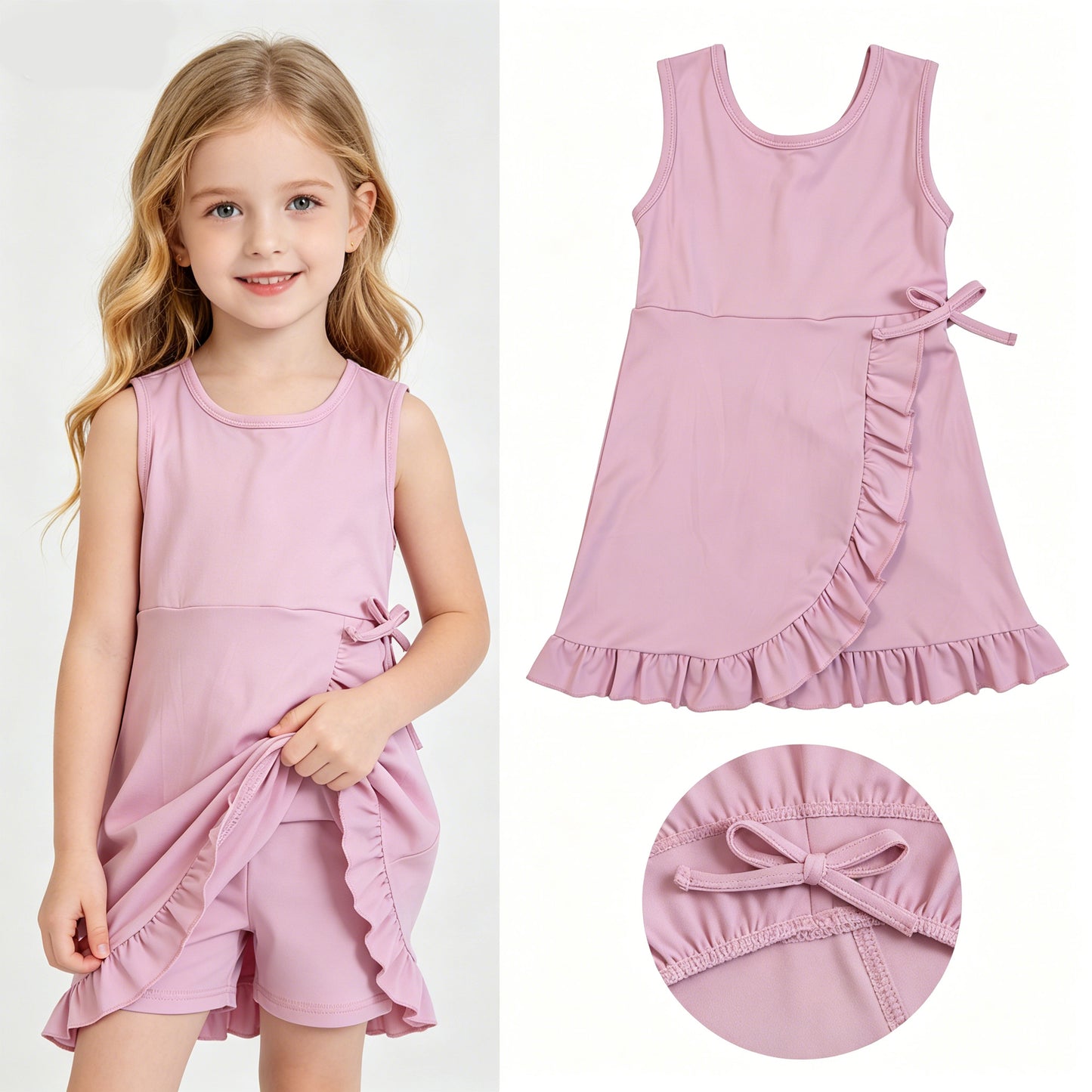 Baby Girls Pink Sleeveless Yoga Active Shorts Ruffle Knee Length Dresses