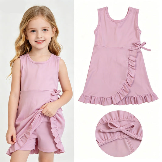 Baby Girls Pink Sleeveless Yoga Active Shorts Ruffle Knee Length Dresses