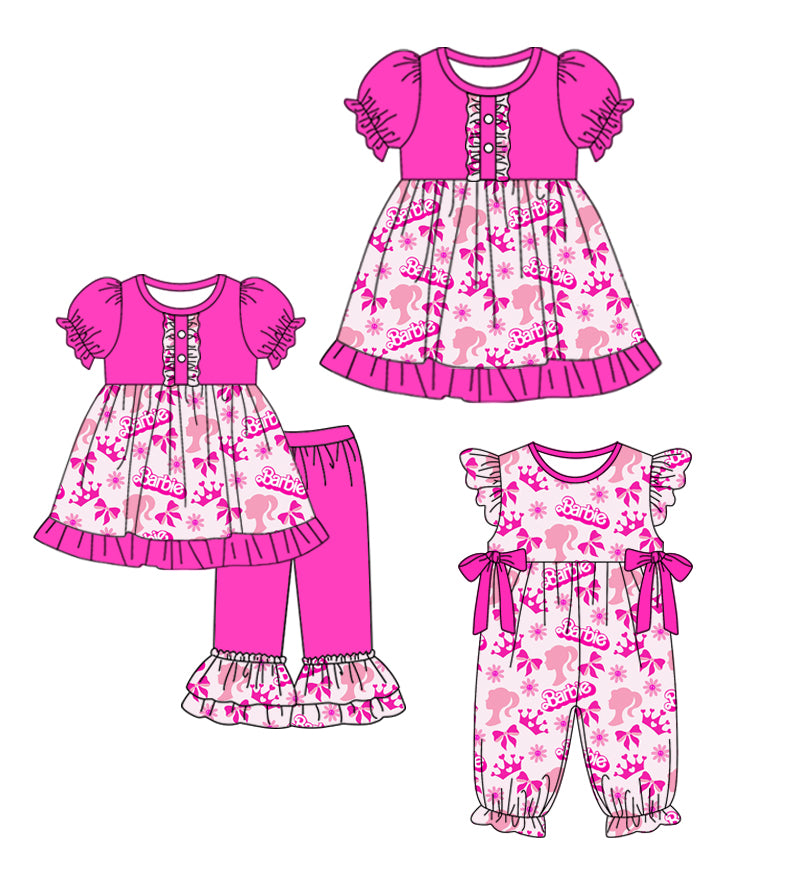 Preorder moq 5 Custom Baby Girls Hot Pink Short Ruffle Sleeves Button Dolls Tunic Ruffle Pant Set Knee Length Dress Rompers