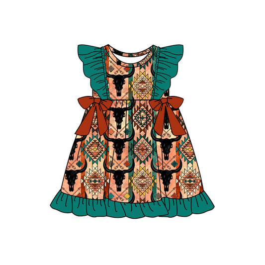 Preorder (moq 5)Baby Girls Western Cow Skull Aztec Bows Knee Length Dresses