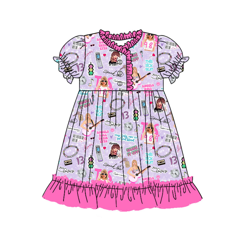 Preorder (moq 5)Baby Girls Singer Purple Disco Ruffle Knee Length Dresses