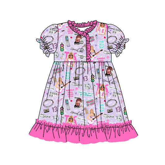 Preorder (moq 5)Baby Girls Singer Purple Disco Ruffle Knee Length Dresses