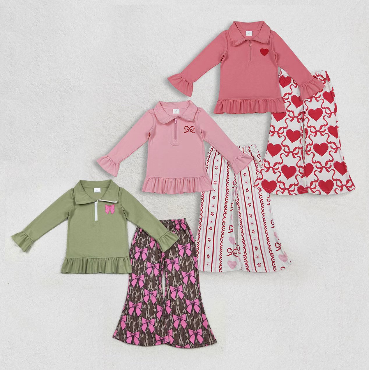 Sibling Baby Girls Embroidery Hearts Bows Zip Pullovers Flare Pants Valentines Clothes Sets
