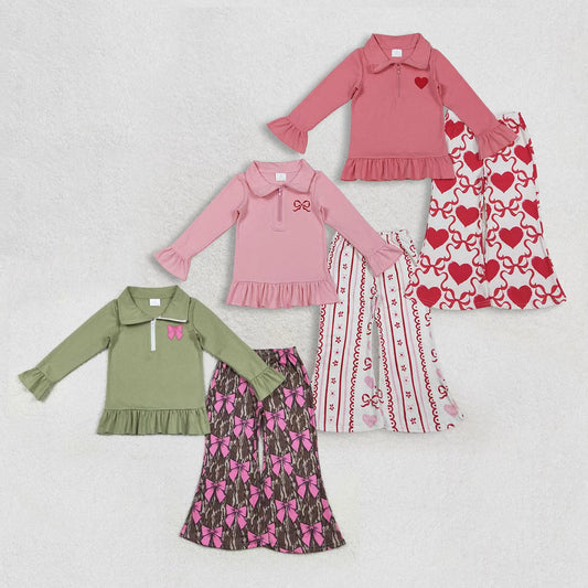 Sibling Baby Girls Embroidery Hearts Bows Zip Pullovers Flare Pants Valentines Clothes Sets