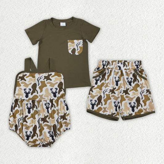 Sibling Baby Boys Shirt Top Deer Camo Pockets Short Hunting Clothes Set Strap Rompers