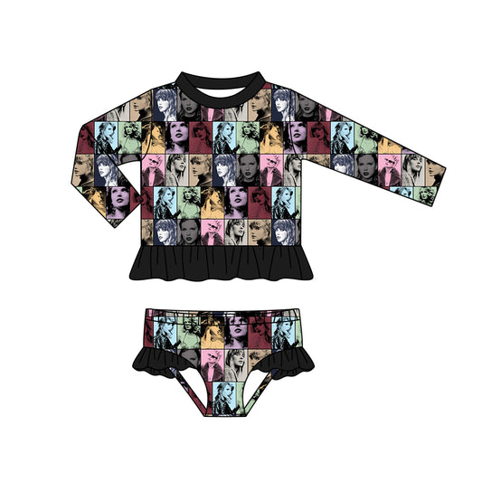 Baby Girls Black Singer Long Sleeve Top Ruffle Bummie 2pcs Swimsuits preorder(moq 5)