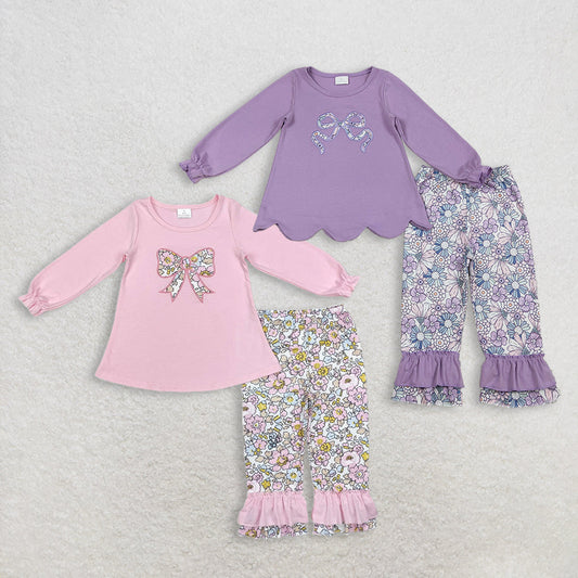 Sibling Baby Girls Embroidery Floral Bows Tunic Ruffle Pants Clothes Sets