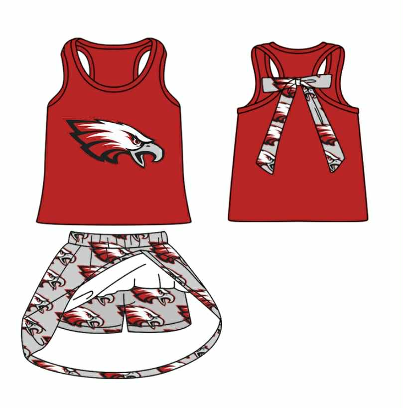 Preorder moq 5 Baby Girls Red Sleeveless Eagles Vest Top Plaid Skorts Team Set