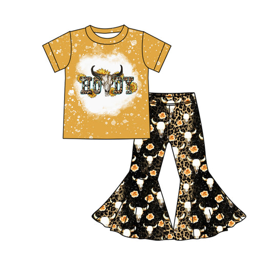 Preorder (moq 5)Baby Girls Western Howdy Cow Flowers Top Bell Pants Clothes Sets