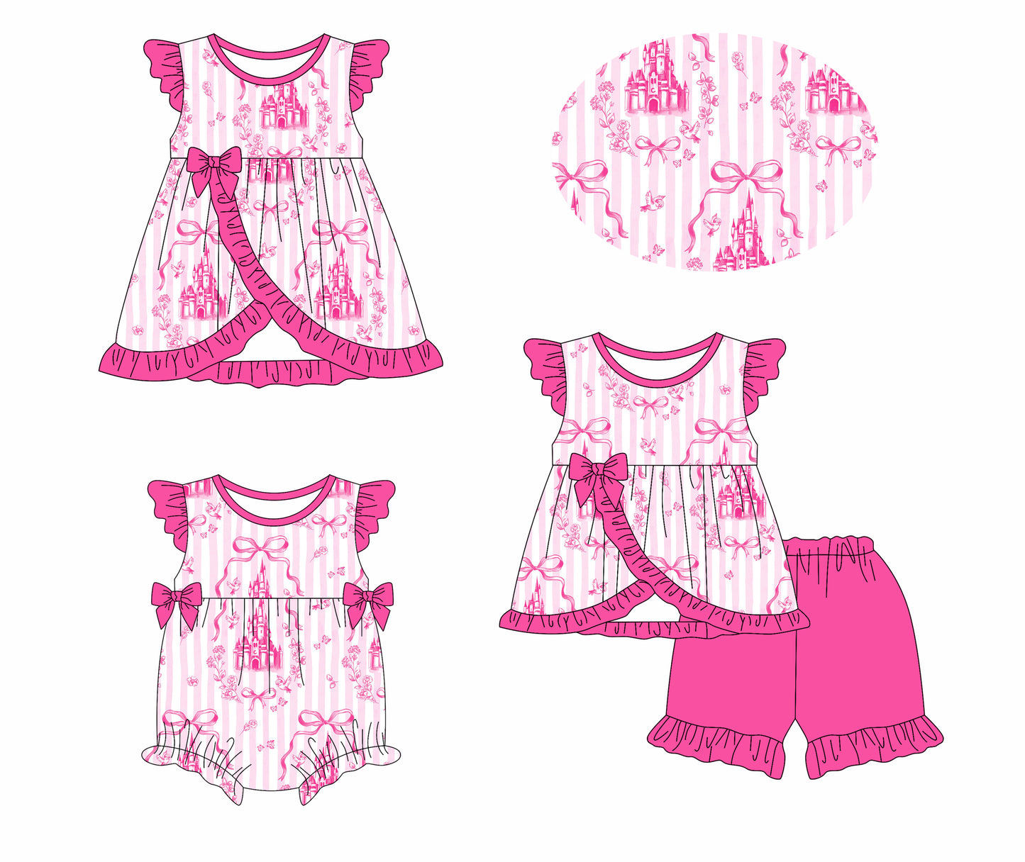Preorder moq 5 Custom Baby Girls Hot Pink Castle Bows Tunic Ruffle Short Set Knee Length Dress And Rompers
