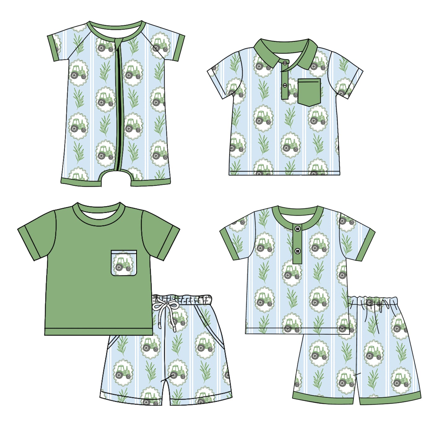 Preorder moq 5 Custom Baby Boys Green Short Sleeves Floral Trucks Top Short Farm Pajamas Set Polo Shirts And Zipper Rompers