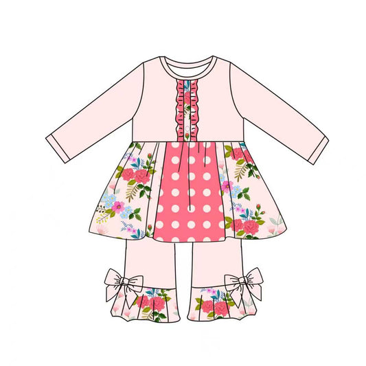 Preorder (moq 5)Baby Girls Colorful Flowers Button Tunic Ruffle Pants Clothes Sets