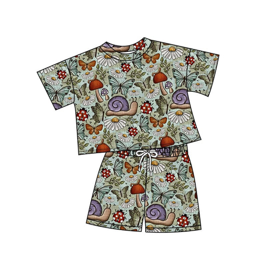 Preorder (moq 5)Baby Girls Snail Flowers Bows Top Shorts Clothes Sets