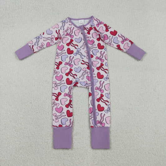 Baby Girls Long Sleeve Hearts Bows Valentines Two Way Zip Convertible Rompers