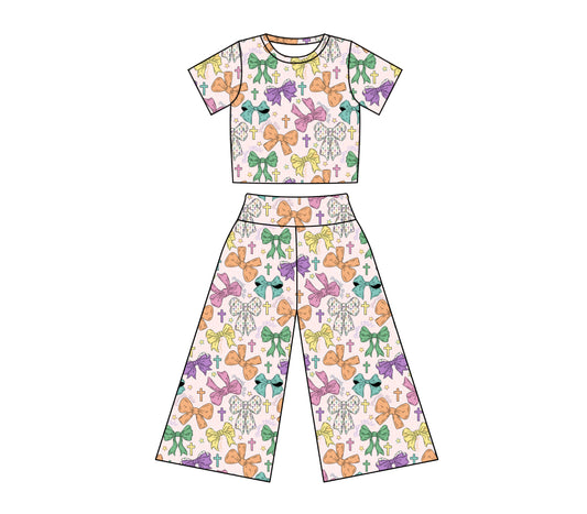 Preorder (moq 5)Baby Girls Easter Colorful Bows Top Bell Bottom Pants Clothes Sets