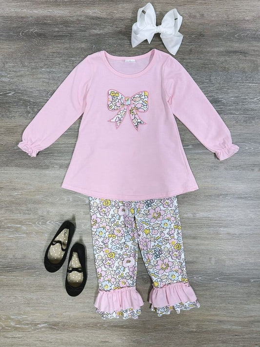 Baby Girls Pink Flowers Bow Tunic Ruffle Pants Outfits Clothes Sets