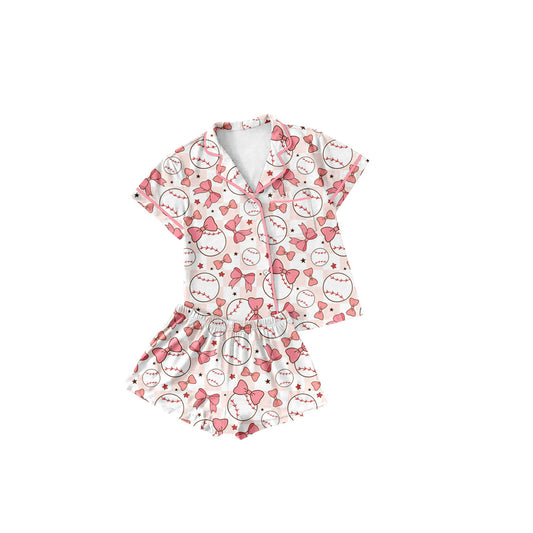 Preorder (moq 5)Baby Girls Pink Baseball Bows Buttons Top Shirt Shorts Pajamas Clothes Sets