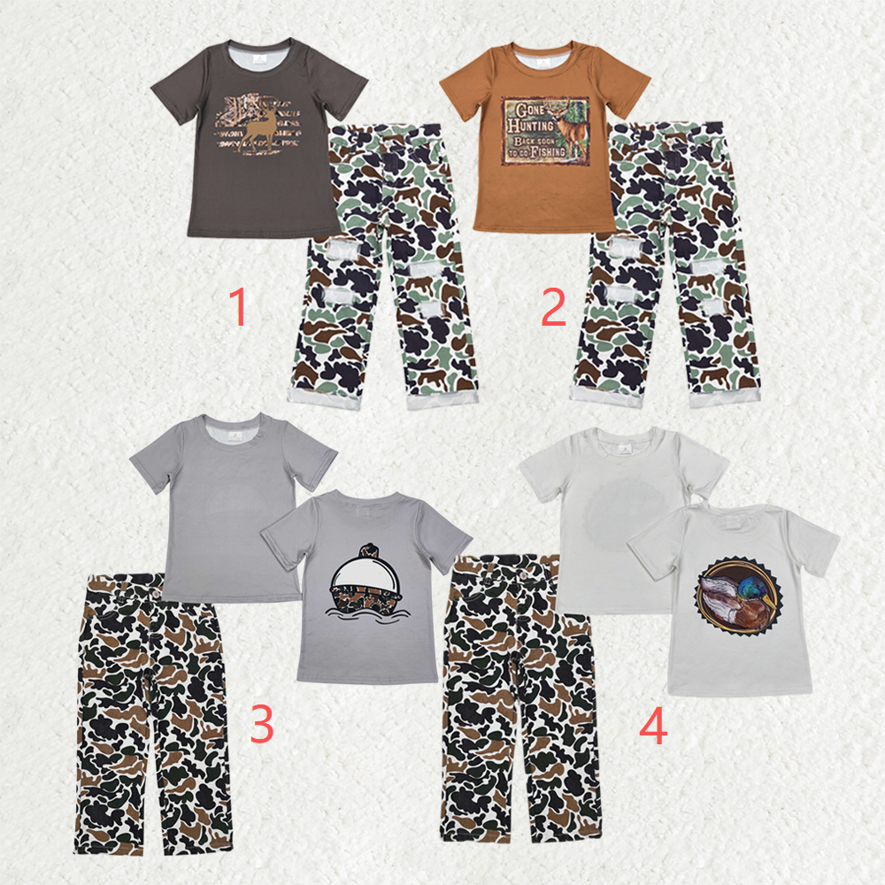 Sibling Baby Boys Short Sleeve Deer Fishing Top Denim Pants Hunting Clothes Sets