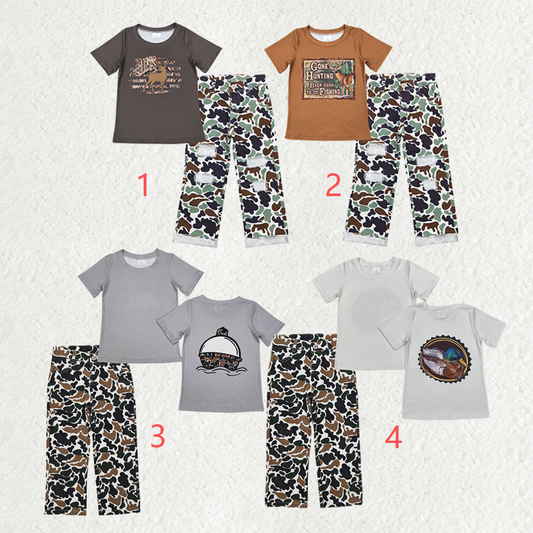 Sibling Baby Boys Short Sleeve Deer Fishing Top Denim Pants Hunting Clothes Sets