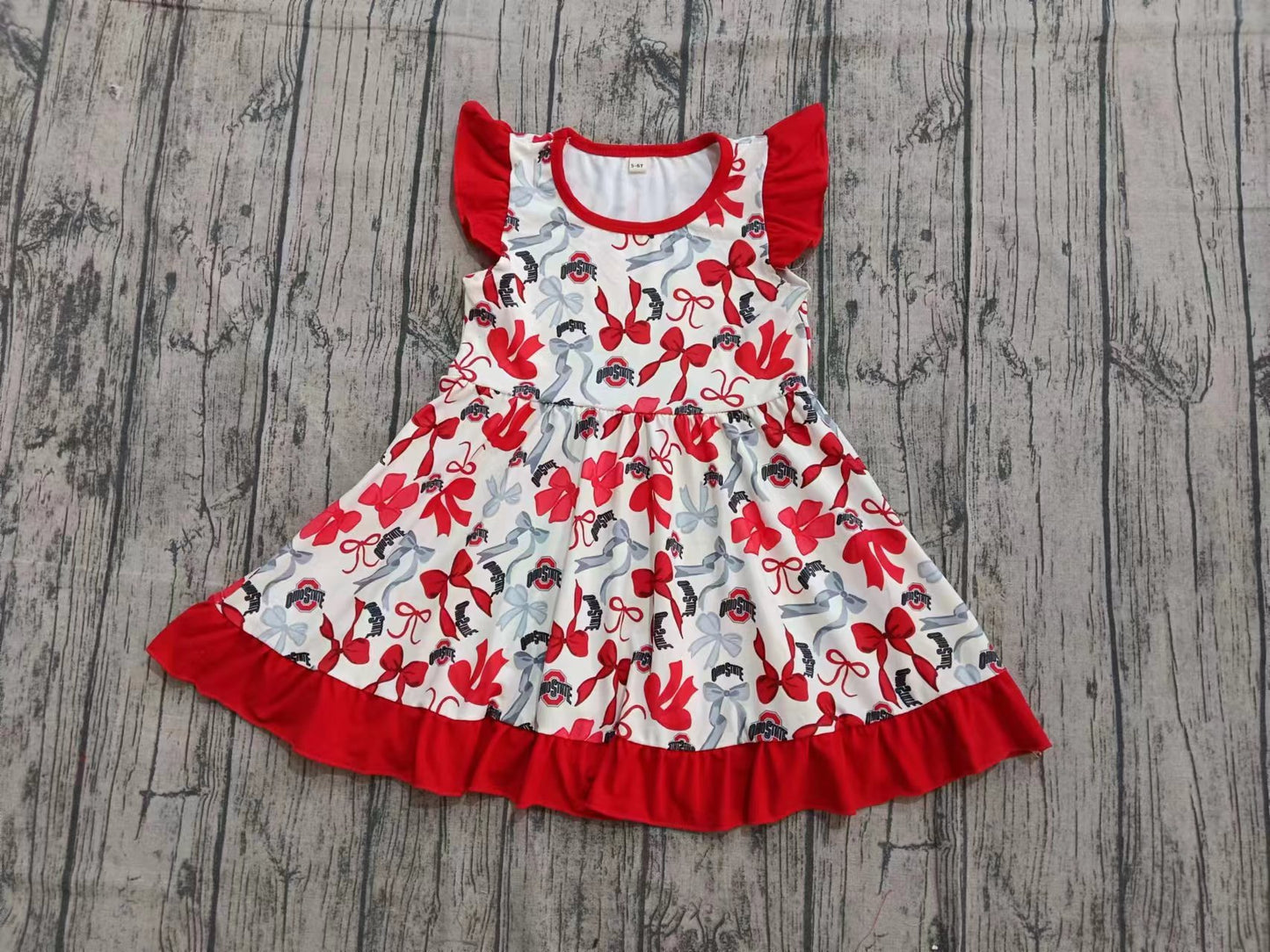 Preorder (moq 5)Baby Girls Red Flutter Sleeve Bows Ohiostate Team Knee Length Dresses