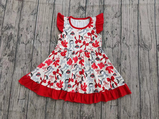 Preorder (moq 5)Baby Girls Red Flutter Sleeve Bows Ohiostate Team Knee Length Dresses