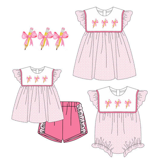 Preorder moq 5 Custom Baby Girls Pink Polka Dots Bows Pencils Tunic Ruffle Short Set Knee Length Dress And Rompers