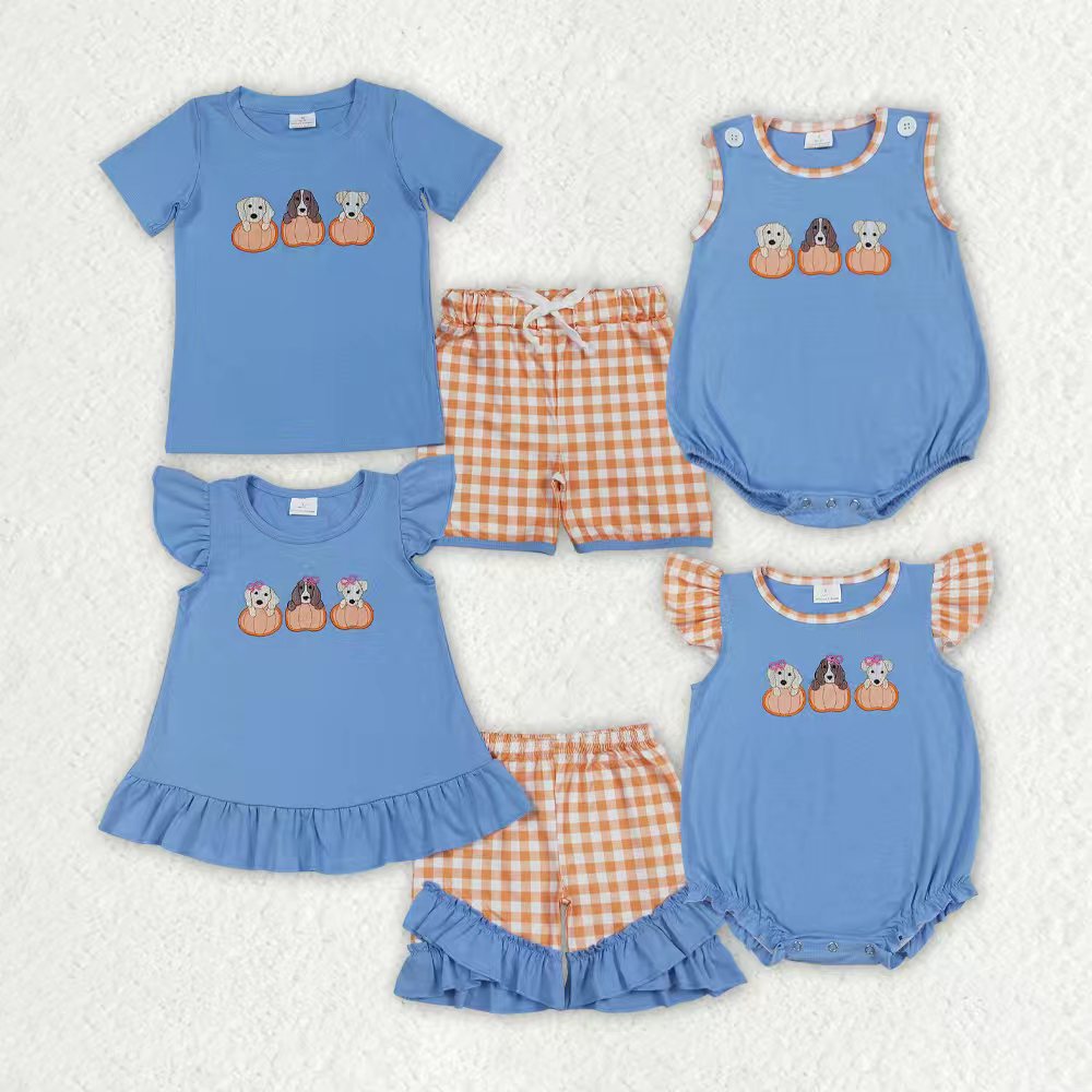 Sibling Baby Boys Girls Embroidery Pumpkins Dogs Shorts Clothes Sets Rompers